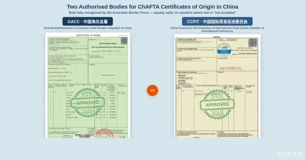 two authorised bodies for issuing ChAFTA Certificates of Origin